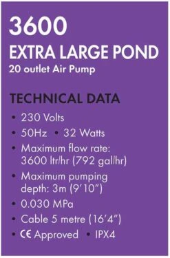 Blagdon Pond Oxygenator 3600 Air Pump - 1010849 -Garden Irrigation Tools blagdon 3600 oxygenator tech spec 1010849